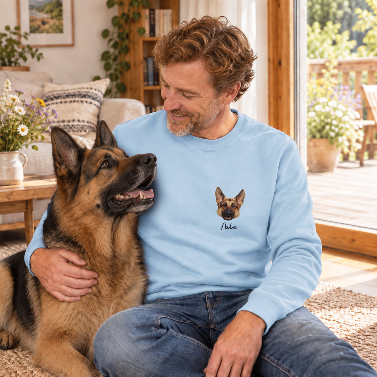 Sweater „Haustier Foto“ als Geschenk für Hundebesitzer: hellblaues Sweatshirt mit Schäferhund-Porträt und Namen – hey balu