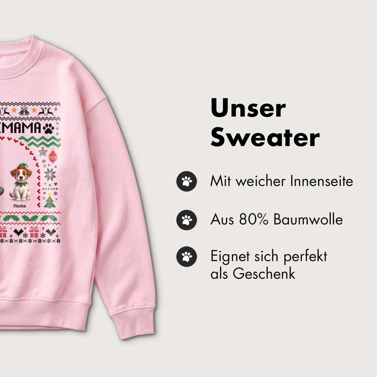 Infografik Sweater: weiche Innenseite, 80 % Baumwolle, perfekt als Geschenk