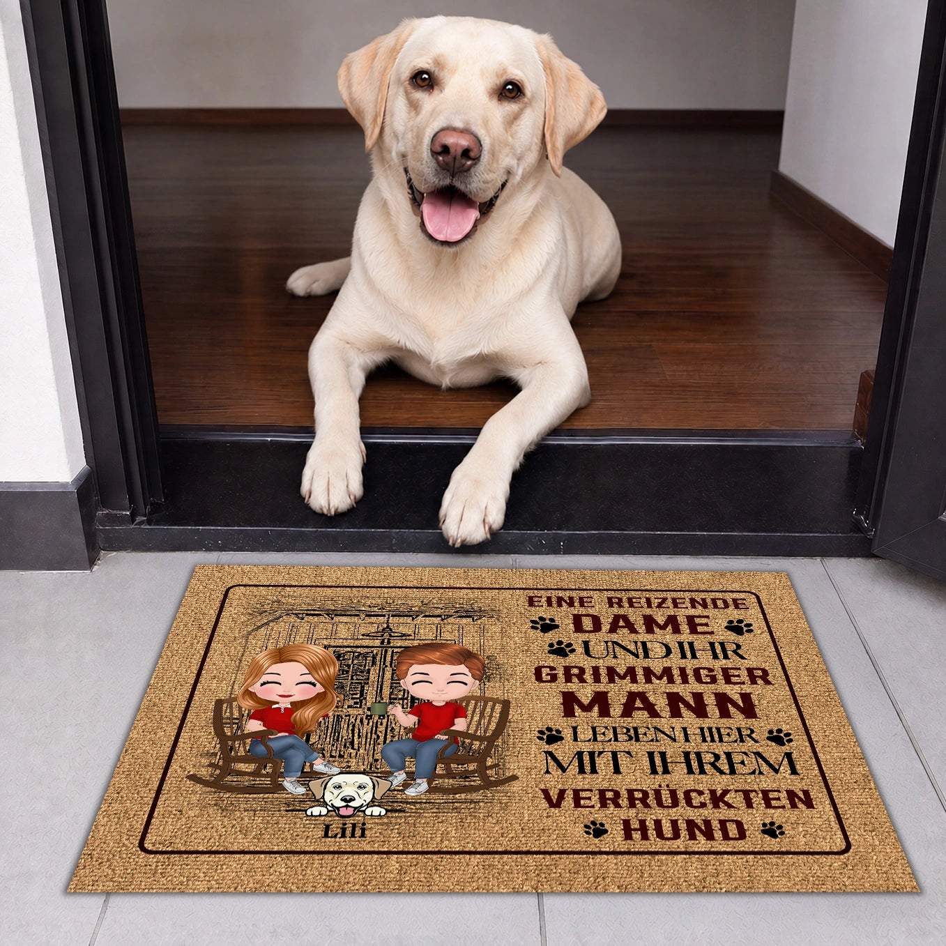 Personalisierte Fussmatte "Dame, Mann und Hund"