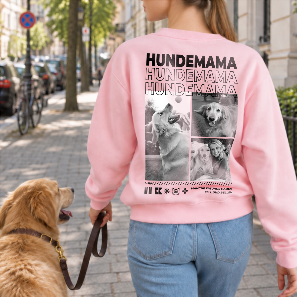 Frau mit Golden Retriever an der Leine im rosa Hundemama-Sweater mit Fotocollage