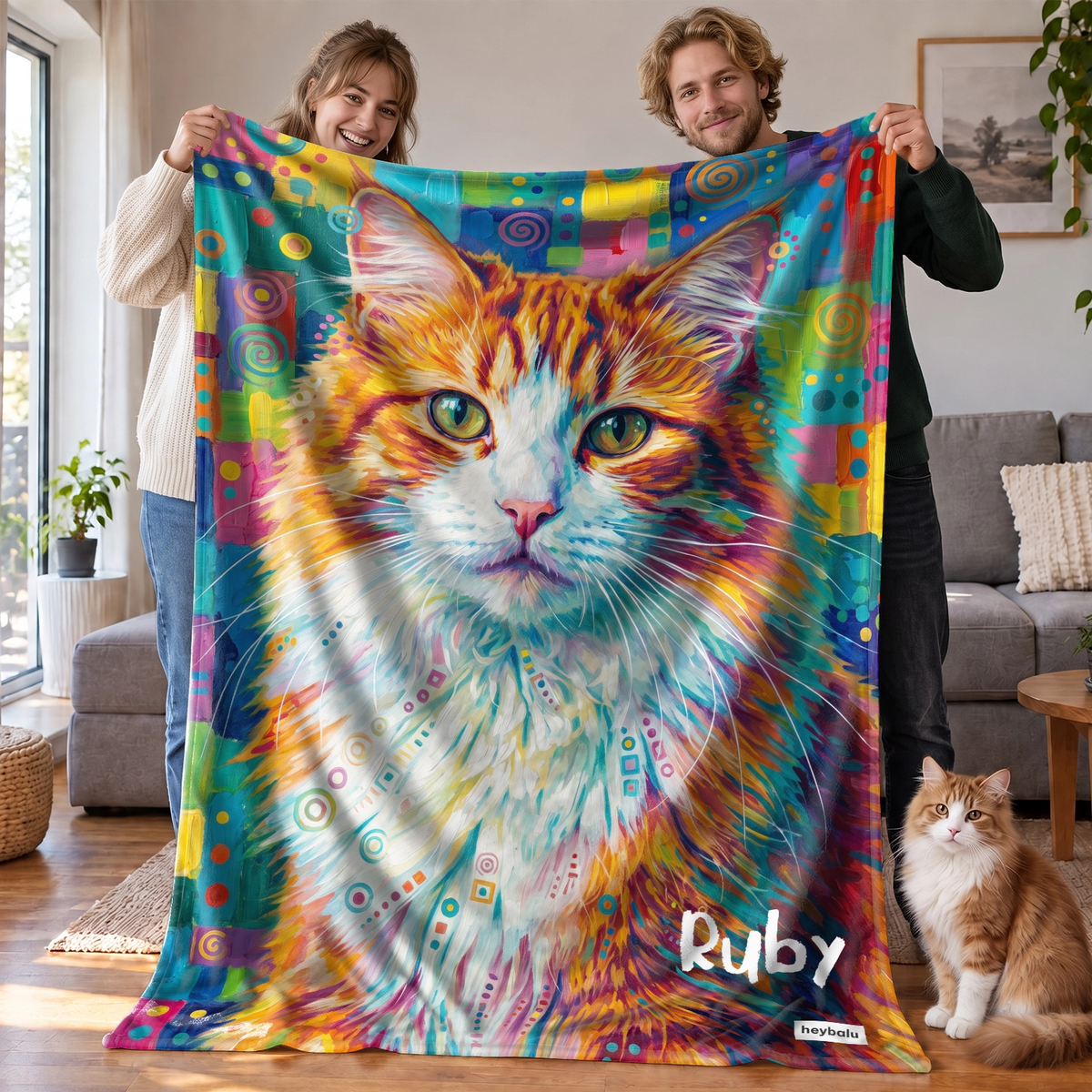 Paar hält die bunte Katzendecke mit rot-weißer Katze und Namen, daneben die echte Katze