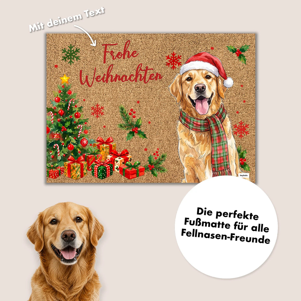 Aus dem Foto des Golden Retrievers wird die Illustration auf der Weihnachts-Fußmatte mit „Frohe Weihnachten“