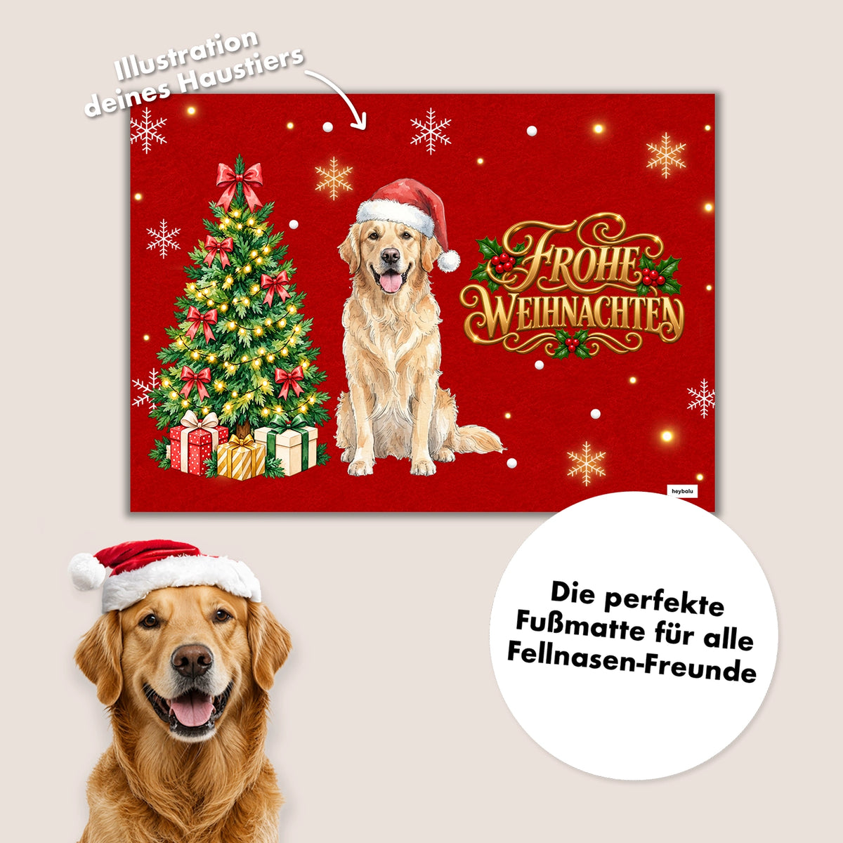 Aus dem Foto des Golden Retrievers wird die Illustration auf der Weihnachts-Fußmatte