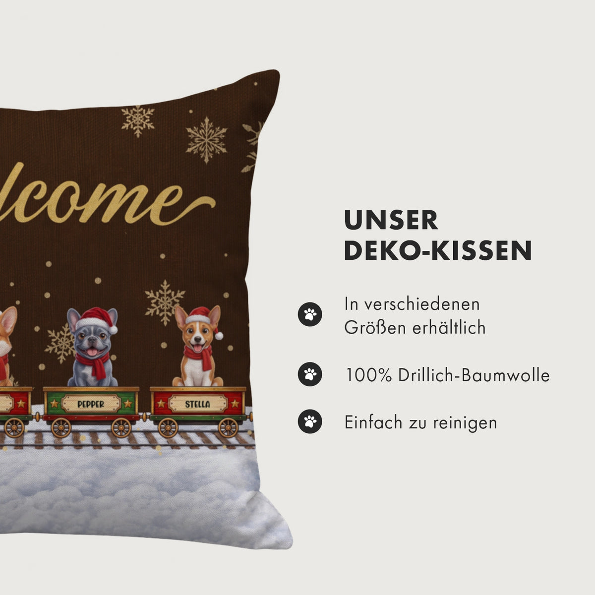 Infografik Deko-Kissen: mehrere Größen, 100 % Drillich-Baumwolle, pflegeleicht