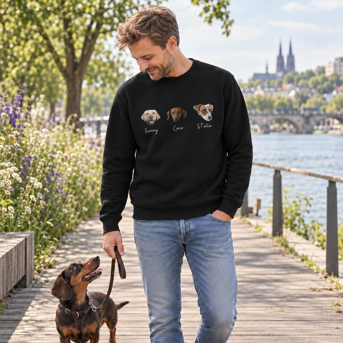 Mann mit Dackel am Fluss im schwarzen Haustier-Foto-Sweater mit drei Hundeporträts