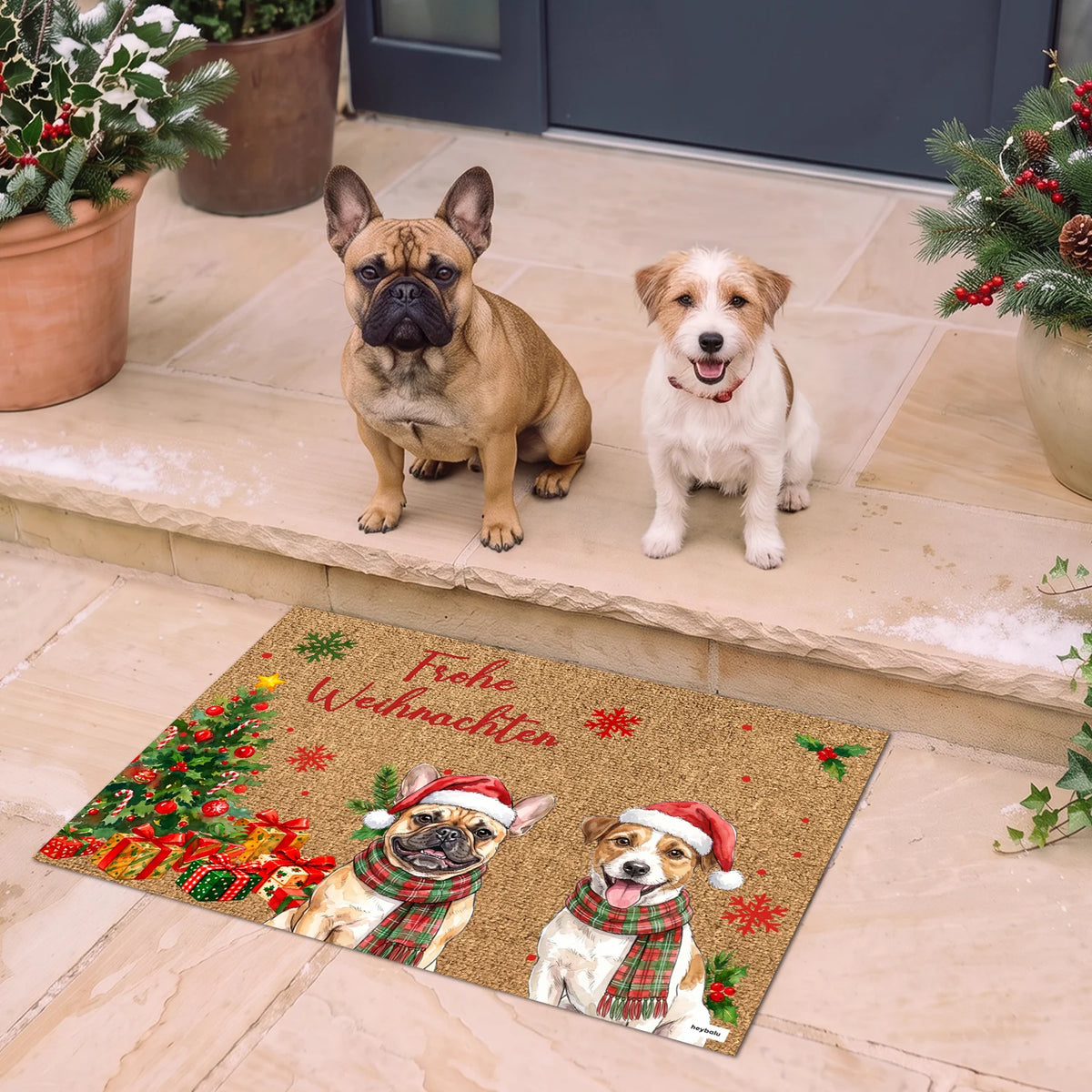 Französische Bulldogge und Jack Russell sitzen vor der Weihnachts-Fußmatte mit ihren Illustrationen