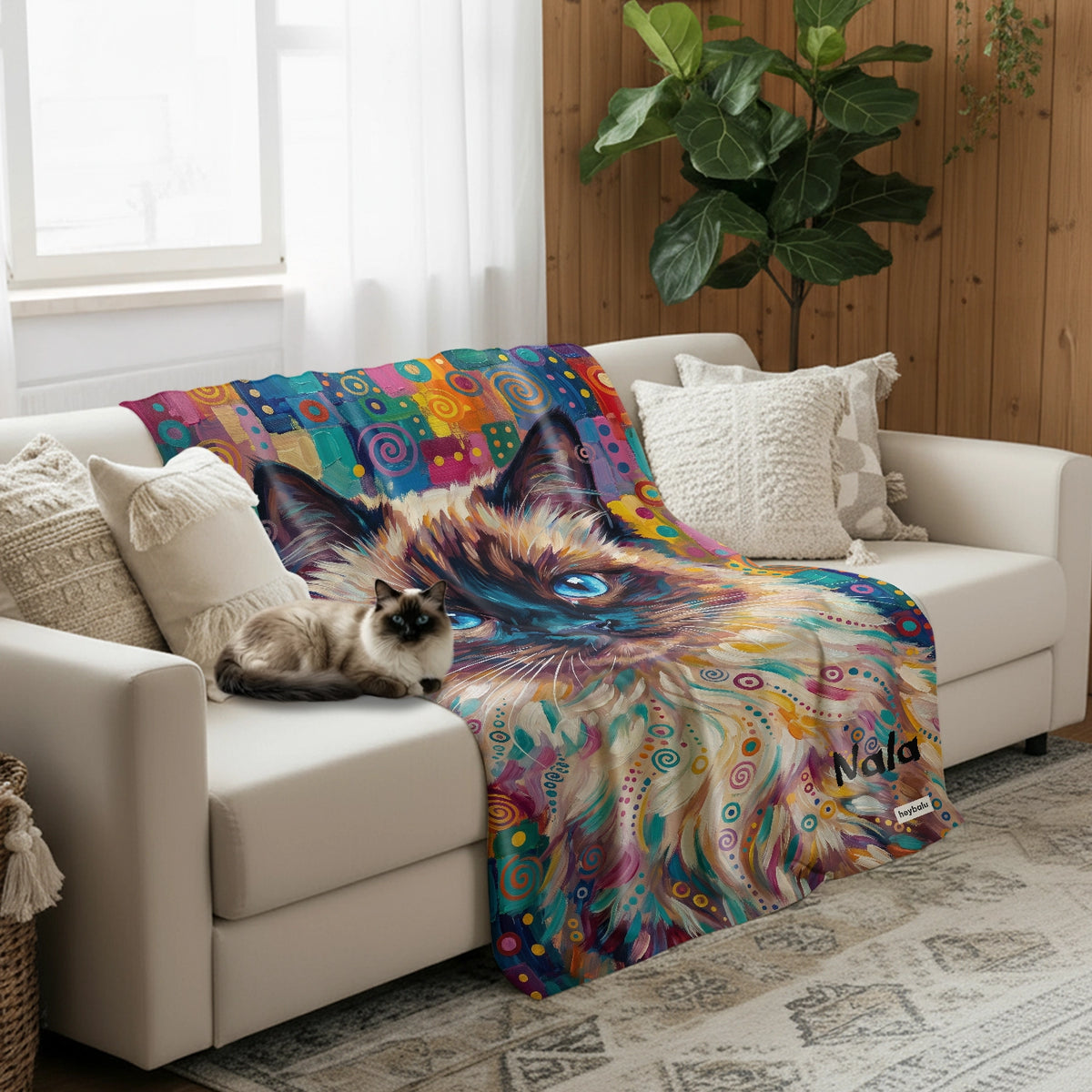 Graffiti-Katzendecke mit Siamkatze und Namen auf dem Sofa, die Katze liegt daneben