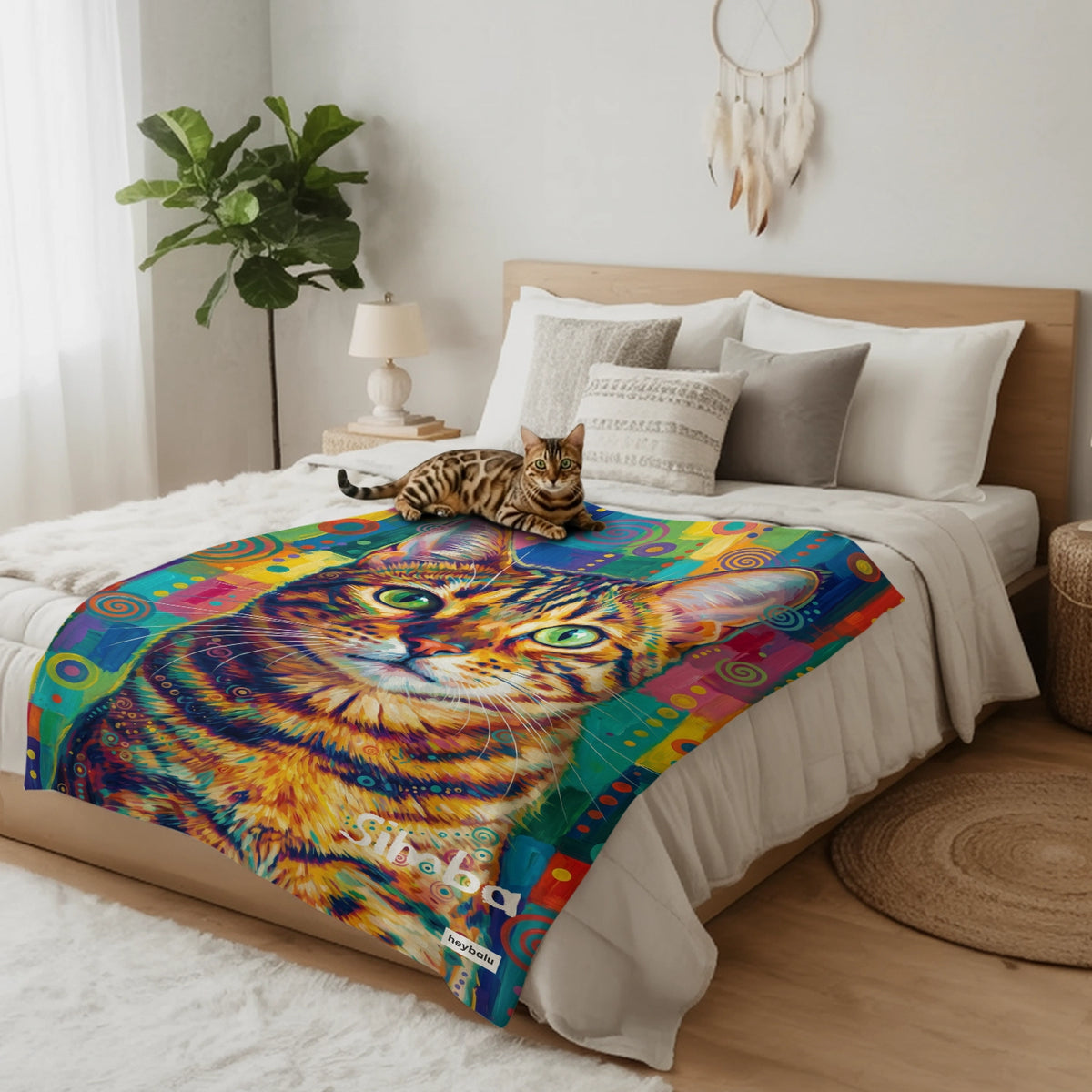 Katzendecke mit Bengalkatze im Graffiti-Stil auf einem Doppelbett, die Katze liegt obenauf