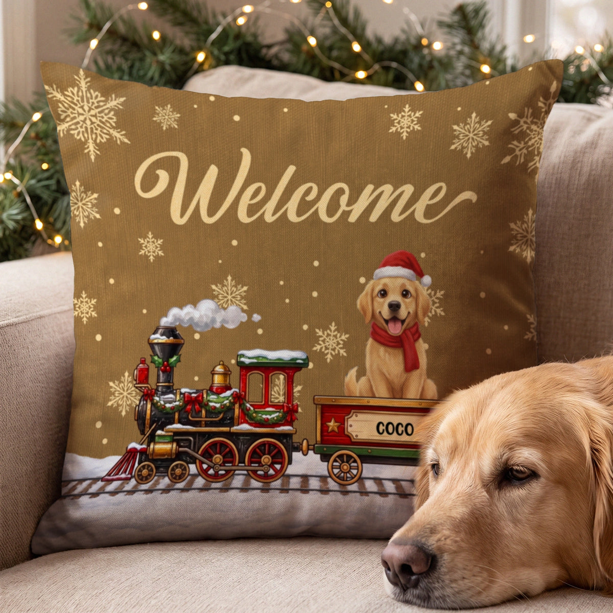 Goldbraunes Welcome-Kissen mit Golden Retriever im Zug mit Namen