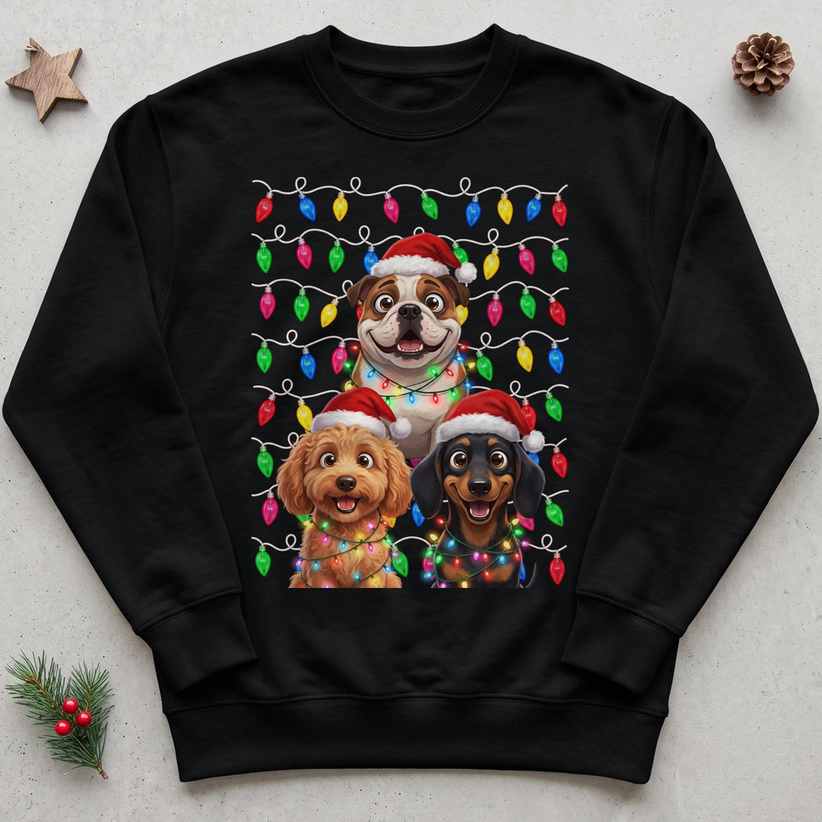 Schwarzer Weihnachtspullover mit drei Hunden als Cartoon in bunter Lichterkette, flach liegend