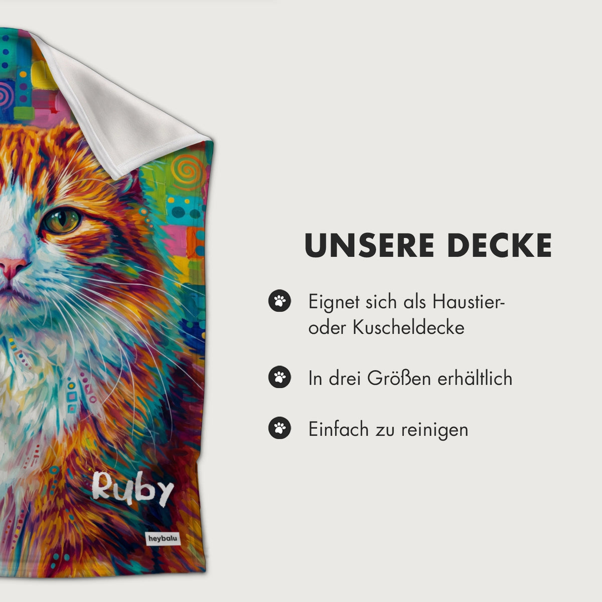 Infografik Graffiti-Katzendecke: als Haustier- oder Kuscheldecke, in drei Größen, einfach zu reinigen