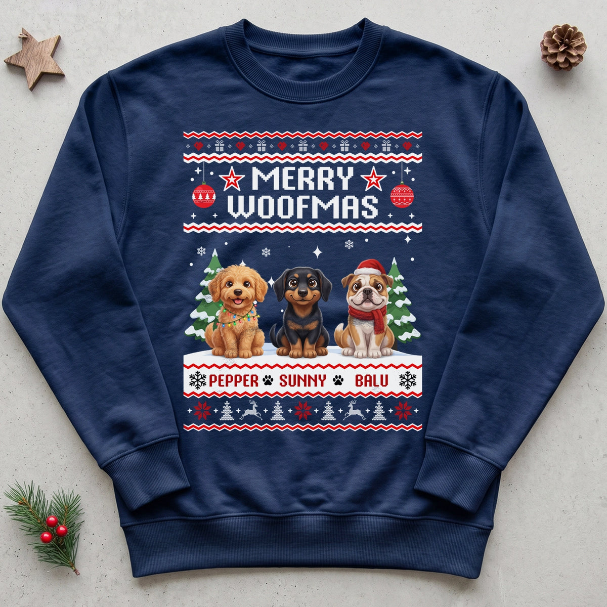 Dunkelblauer Pullover „Merry Woofmas“ mit mehreren Hunden als Cartoon, flach liegend