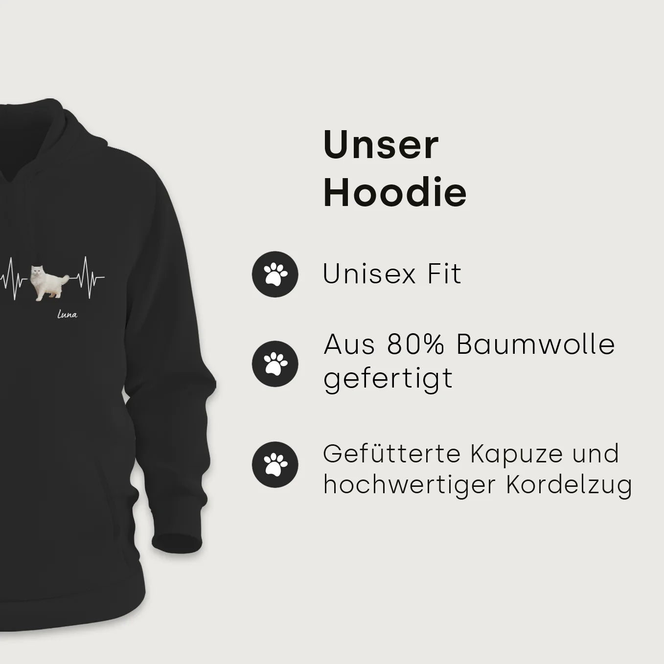 Personalisierter Hoodie ''Herzschlag Katzenfoto''