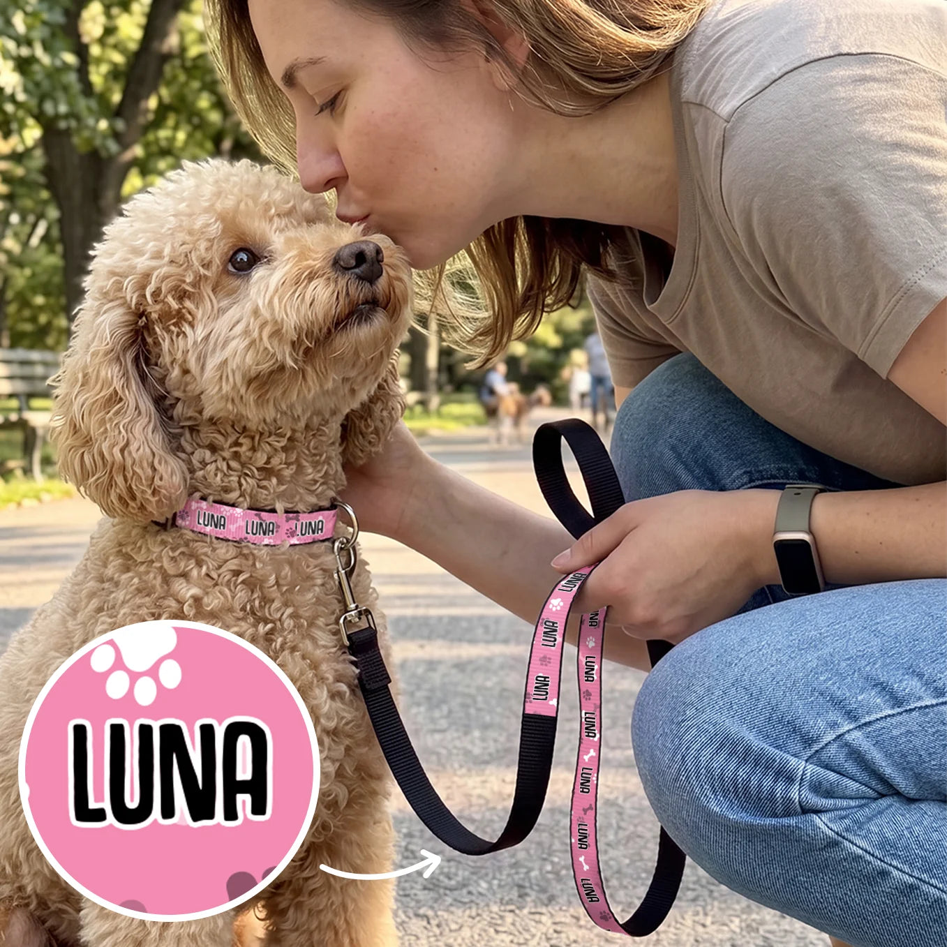 (US) Personalisiertes Hundehalsband und Leine "Herzen"